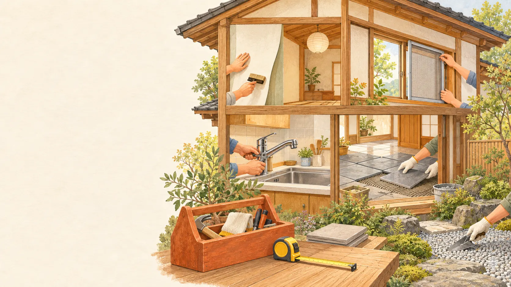 二階建ての家の各部屋で、壁紙貼り・床材敷き・網戸の張り替え・水栓交換・庭の砂利敷きをしている断面イラスト